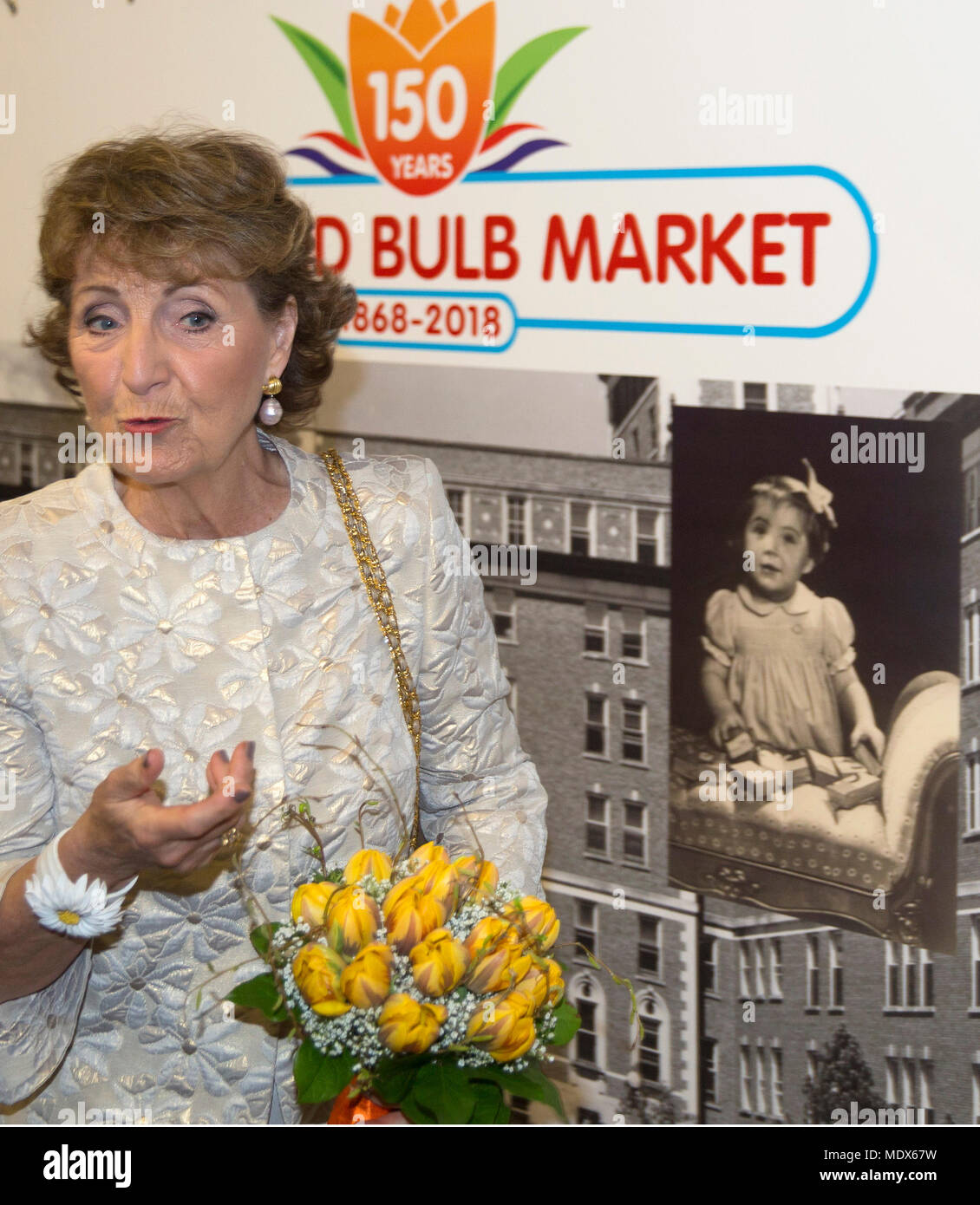 Heiloo, Netherlands. 20th Apr, 2018. Princess Margriet of The Netherlands at Holland Bulb Market in Heiloo, on April 20, 2018, to attend the celebration of the 150-year jubilee, the flower bulb company focuses on the development of new varieties (tulip, iris and amaryllis) Credit: Albert Ph vd Werf/Netherlands OUT/Point De Vue Out Credit: Albert van den Werf/RoyalPress/dpa/Alamy Live News Stock Photo
