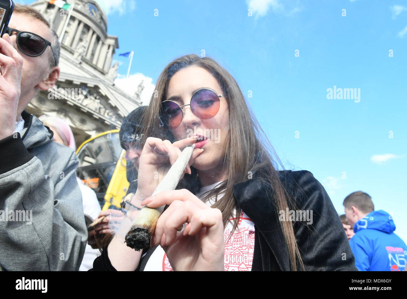 Dublin, Ireland. 20th April 2018. Ireland: People gather outside goverment buildings in Dublin to smoke cannabis on Iternational Marijuana Day Credit: john Rooney/Alamy Live News Stock Photo