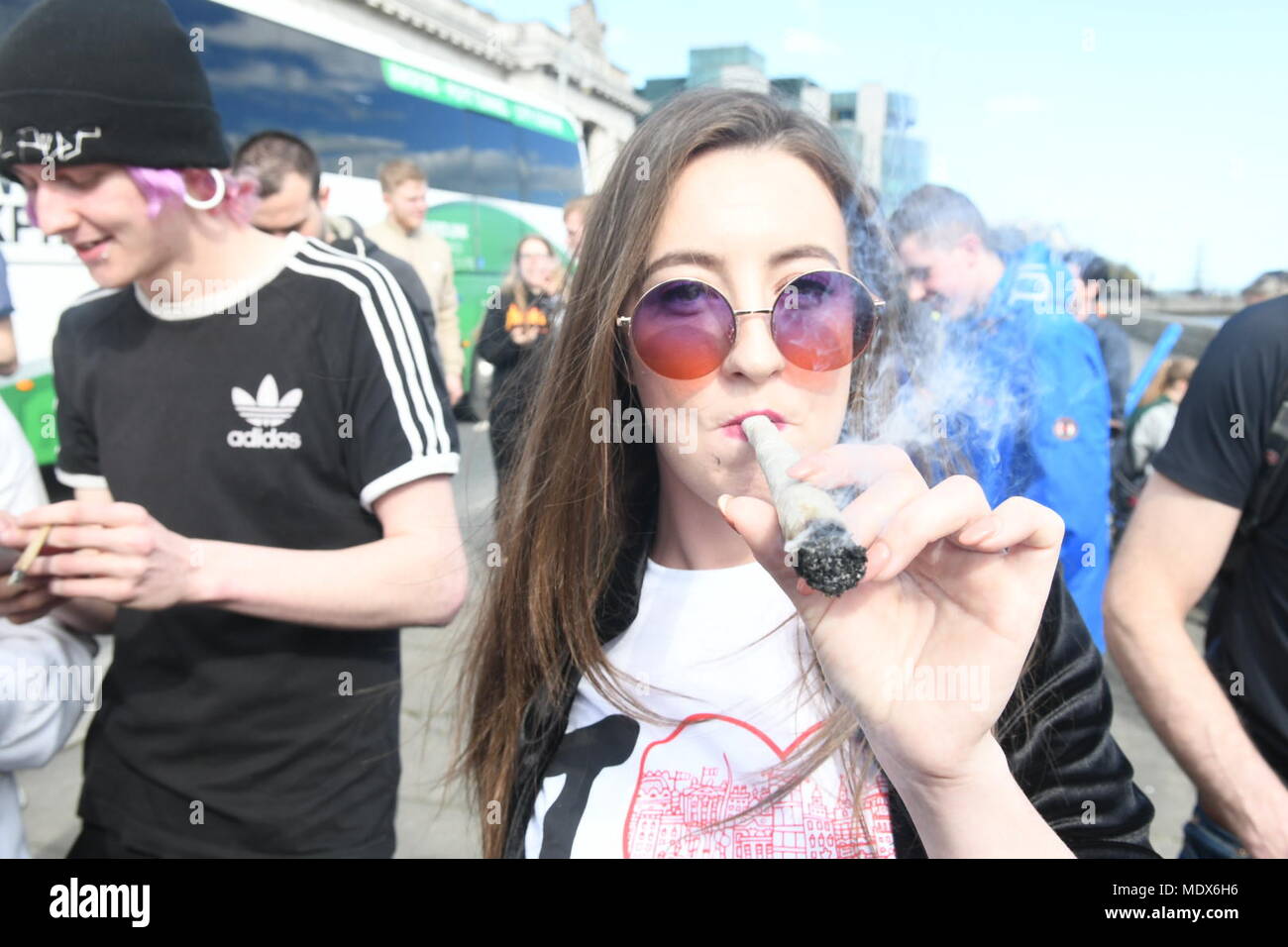 Dublin, Ireland. 20th April 2018. Ireland: People gather outside goverment  buildings in Dublin to smoke cannabis on Iternational Marijuana Day Credit:  john Rooney/Alamy Live News Stock Photo - Alamy