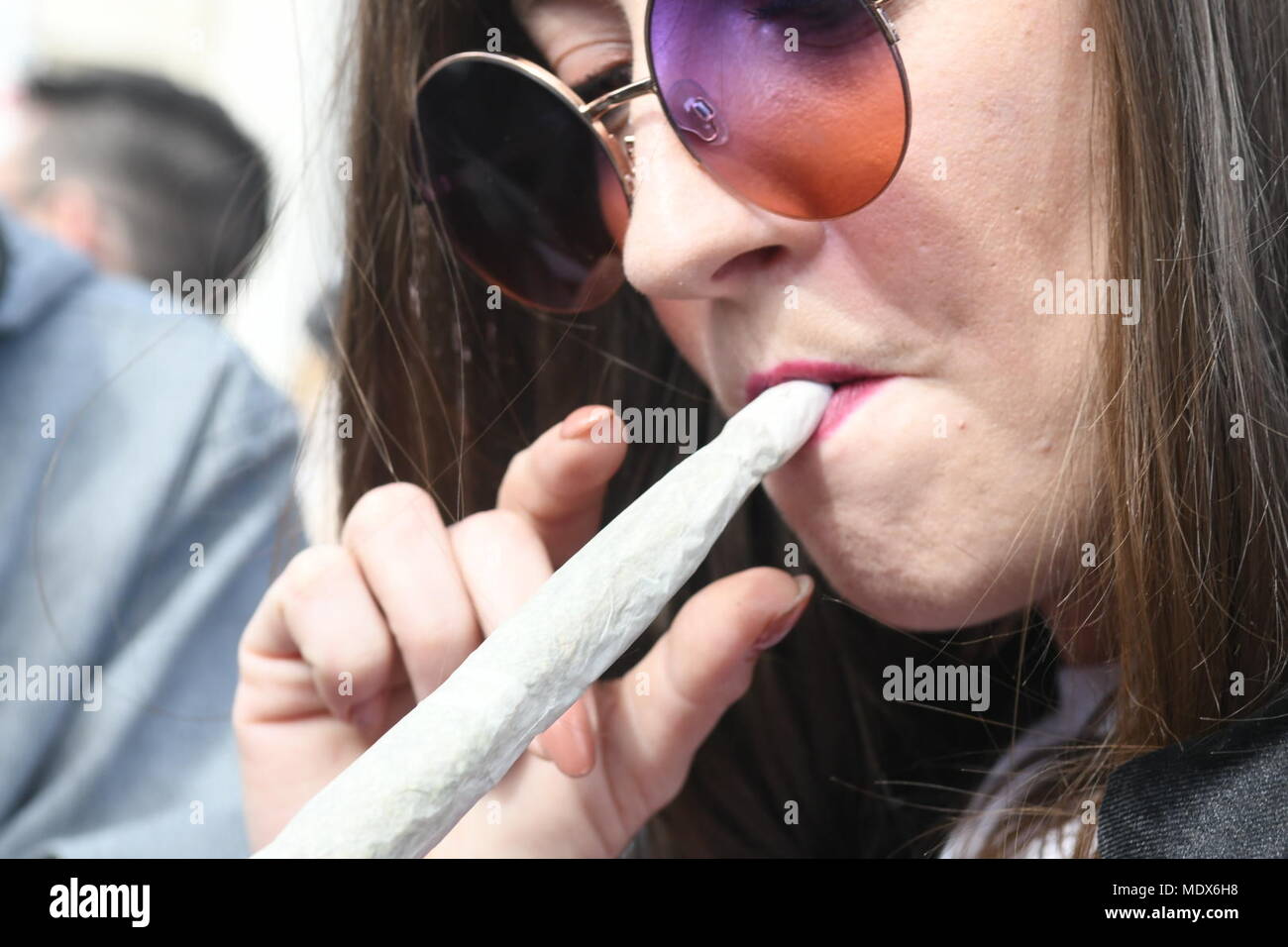 Dublin, Ireland. 20th April 2018. Ireland: People gather outside goverment buildings in Dublin to smoke cannabis on Iternational Marijuana Day Credit: john Rooney/Alamy Live News Stock Photo