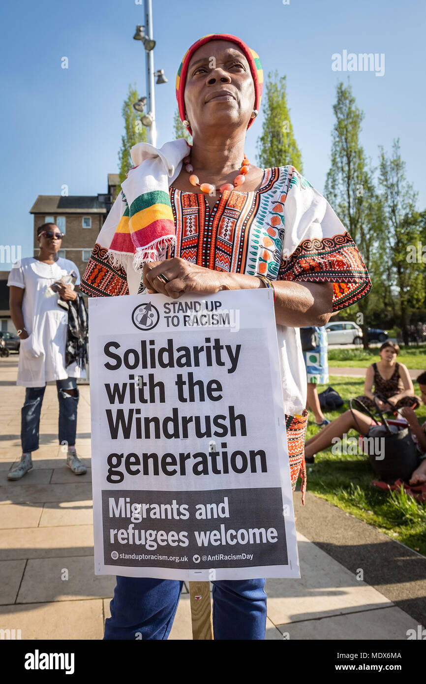 London, UK. 20th April, 2018. Solidarity Rally with the Windrush generation in Brixton’s Windrush Square. Credit: Guy Corbishley/Alamy Live News Stock Photo