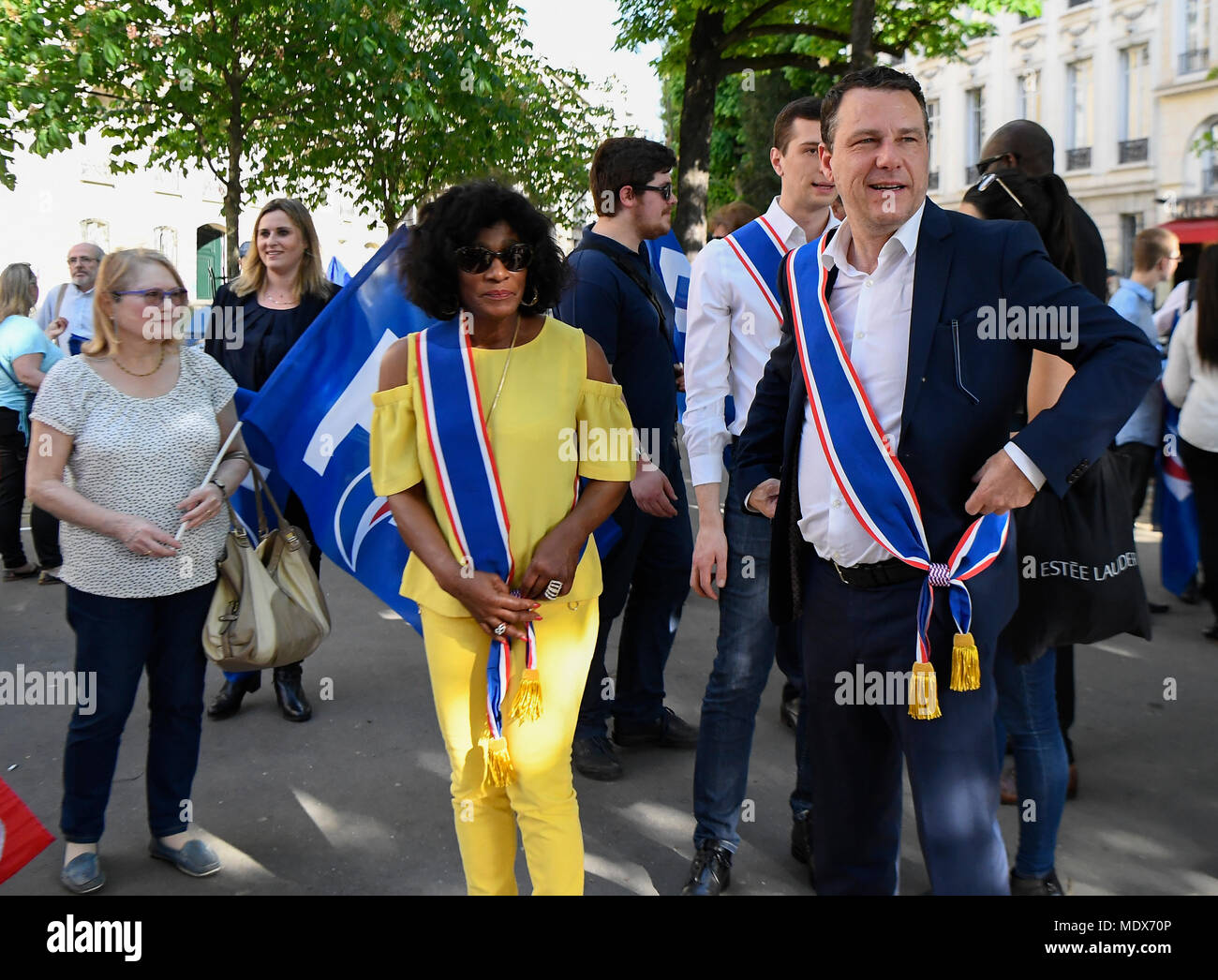 Paris, France, 20th April 2018. The national front to organize a rally against the immigration policy of President Emmanuel Macron, in front of the National Assembly, with a speech by Marine Le Pen Credit: Avenir Pictures/Alamy Live News Stock Photo