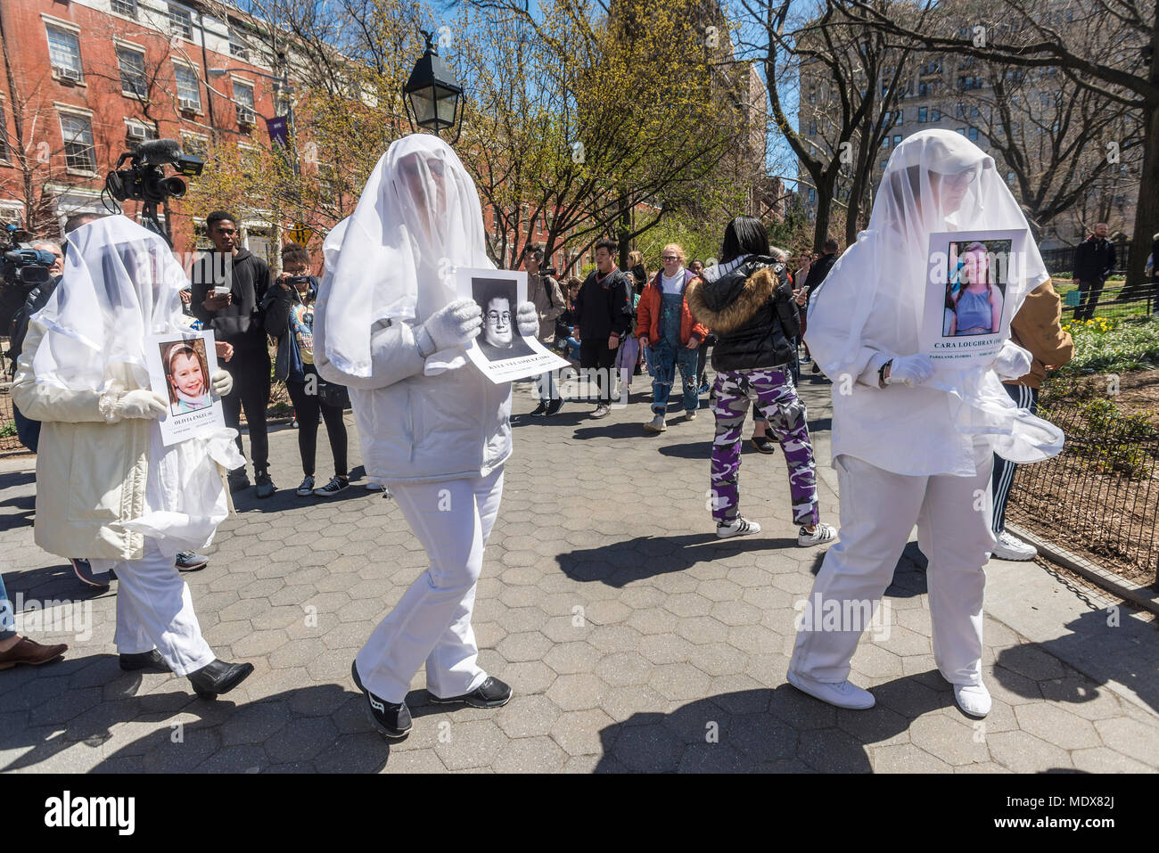New York, NY- 20 April 2018 - NATIONAL STUDENT WALK-OUT Students walked out of class to mark the 19th anniversary of the Columbine School shooting. Several thousand rallied in Washington Square Park calling for stiffer gun control measures including a ban on assault weapons and a universal background check. CREDIT: ©Stacy Walsh Rosenstock/Alamy Live News Stock Photo