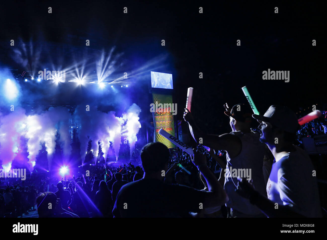 Irvine, CA, USA. 31st May, 2014. Fans dance with glow sticks as Swedish musician, DJ, remixer and record producer TIM BERGLING, better known by his stage name Avicii, performs during the KROQ Weenie Roast at the Verizon Wireless Amphitheater on Saturday, May 31, 2014 in Irvine, Calif. © 2014 Patrick T. Fallon Credit: Patrick Fallon/ZUMA Wire/Alamy Live News Stock Photo