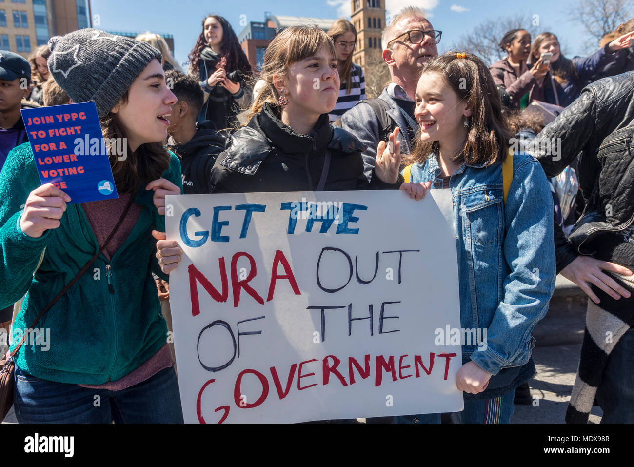 New York, NY- 20 April 2018 - NATIONAL STUDENT WALK-OUT Students walked out of class to mark the 19th anniversary of the Columbine School shooting. Several thousand rallied in Washington Square Park calling for stiffer gun control measures including a ban on assault weapons and a universal background check. CREDIT: ©Stacy Walsh Rosenstock/Alamy Live News Stock Photo