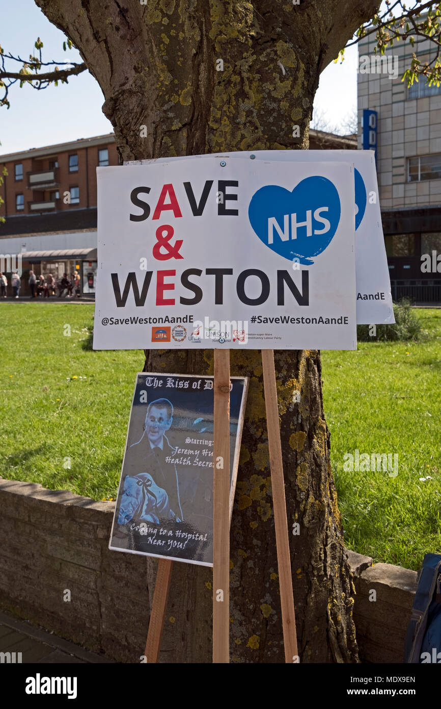 Weston-super-Mare, UK. 20th April 2018. Demonstrators gather outside the local Conservative Party office to protest against the continued overnight closure of the accident and emergency department at Weston General Hospital. Despite assurances that the closure is only a temporary measure, it has been in effect since July 2017, and the planned merger between Weston Area Health NHS Trust and University Hospitals Bristol NHS Foundation Trust has created further uncertainty about Weston General Hospital’s future. Keith Ramsey/Alamy Live News Stock Photo