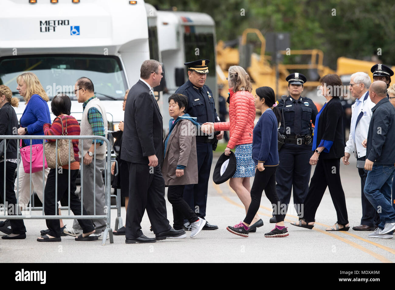 Police help with crowd control as mourners arrive to pay respects to the late former First Lady Barbara Bush at S. Martin's Episcopal Church in Houston Stock Photo