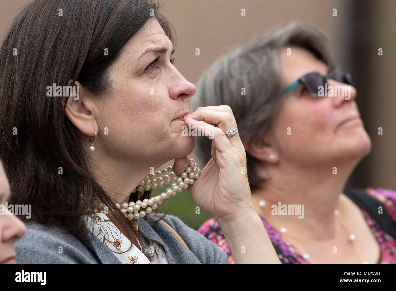 Mourners wear pearls in honor of Barbara Bush, who made pearl chokers a regular part of her wardrobe, as they pay respects to the former First Lady at S. Martin's Episcopal Church in Houston Stock Photo