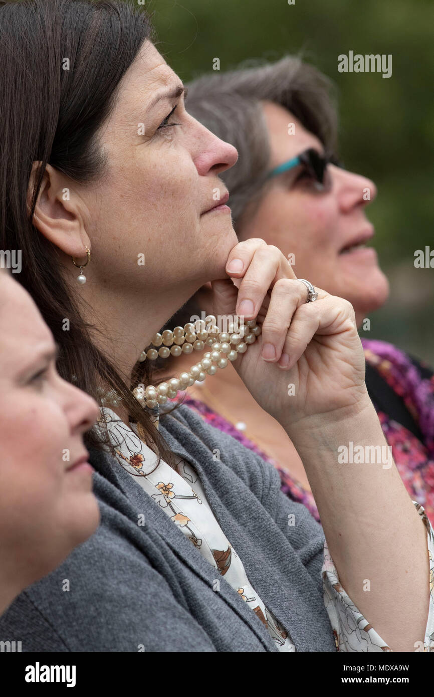 Mourners wear pearls in honor of Barbara Bush, who made pearl chokers a regular part of her wardrobe, as they pay respects to the former First Lady at S. Martin's Episcopal Church in Houston Stock Photo