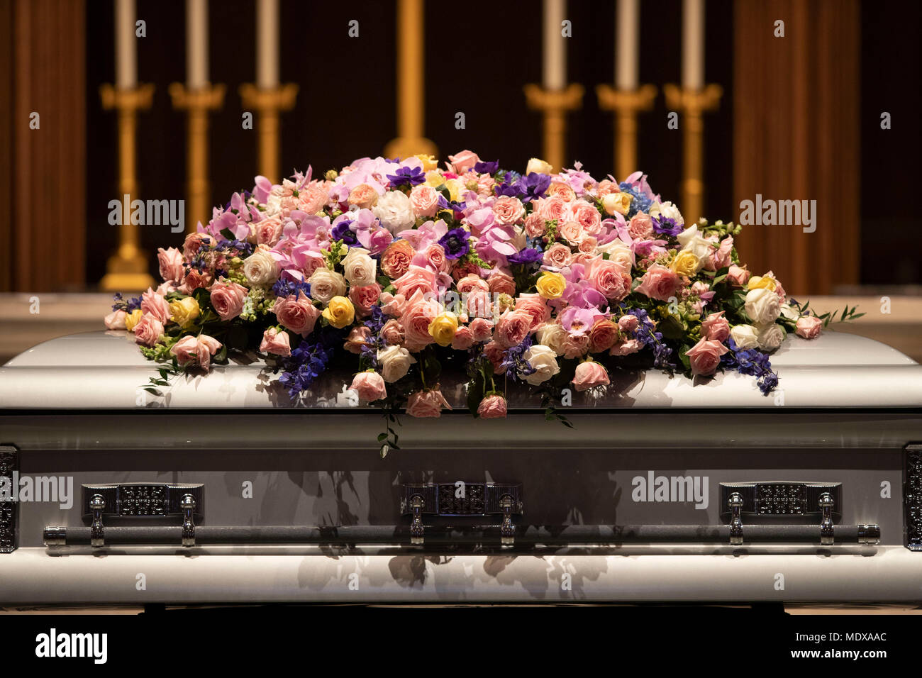 The casket of former U.S. First Lady Barbara Bush lies in repose at St