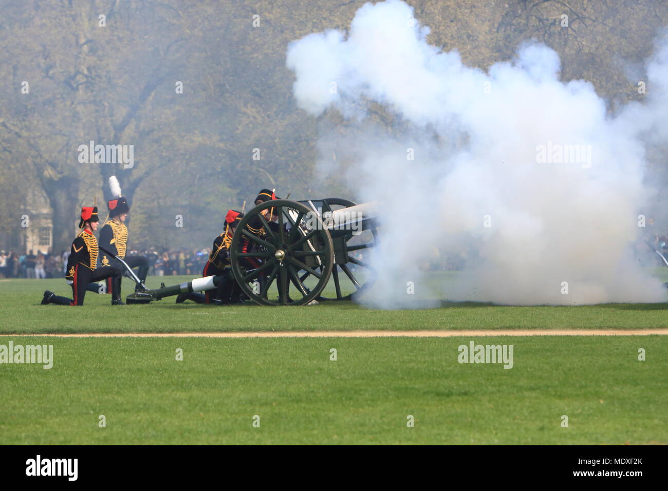 London, UK. 21st April, 2018. A 41 gun salute in Hyde Park, London, took place today on April 21st, to mark the 92nd birthday of Her Majesty Queen Elizabeth 11. Credit: Monica Wells/Alamy Live News Stock Photo