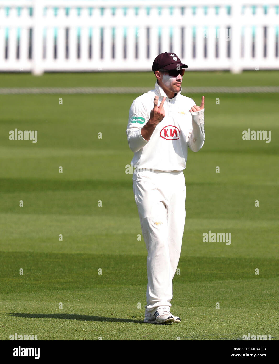 London, UK. 21st Apr, 2018. Surrey captain Rory Burns during Day Two of the Division One Specsavers County Championship match between Surrey and Hampshire at the Kia Oval Cricket Ground, in London, England. Credit: European Sports Photographic Agency/Alamy Live News Stock Photo