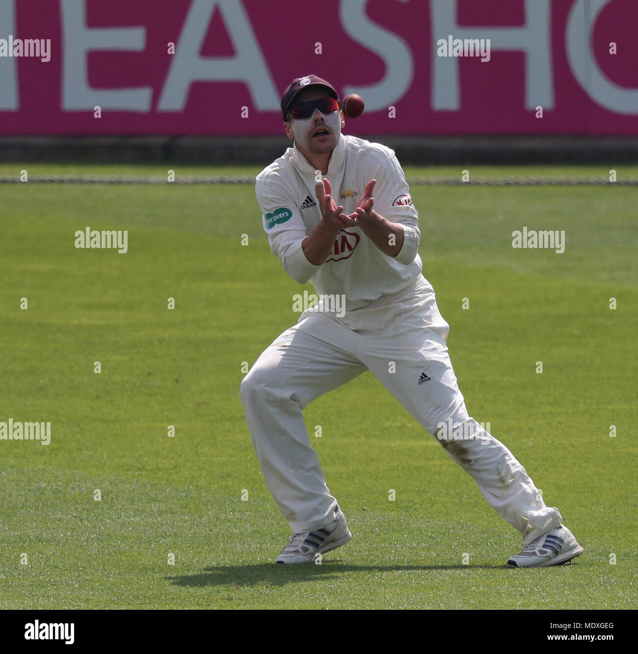 London, UK. 21st Apr, 2018. captain Rory Burns of Surrey during Day Two of the Division One Specsavers County Championship match between Surrey and Hampshire at the Kia Oval Cricket Ground, in London, England. Credit: European Sports Photographic Agency/Alamy Live News Stock Photo