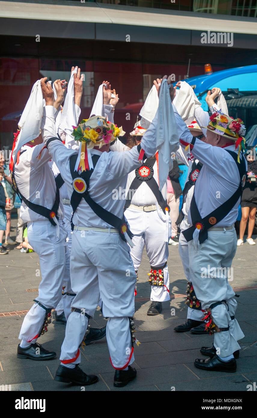 Morris dancing and festivities at the St. George's Day celebrations in Orton Square in Leicester city's Cultural Quarter. Stock Photo