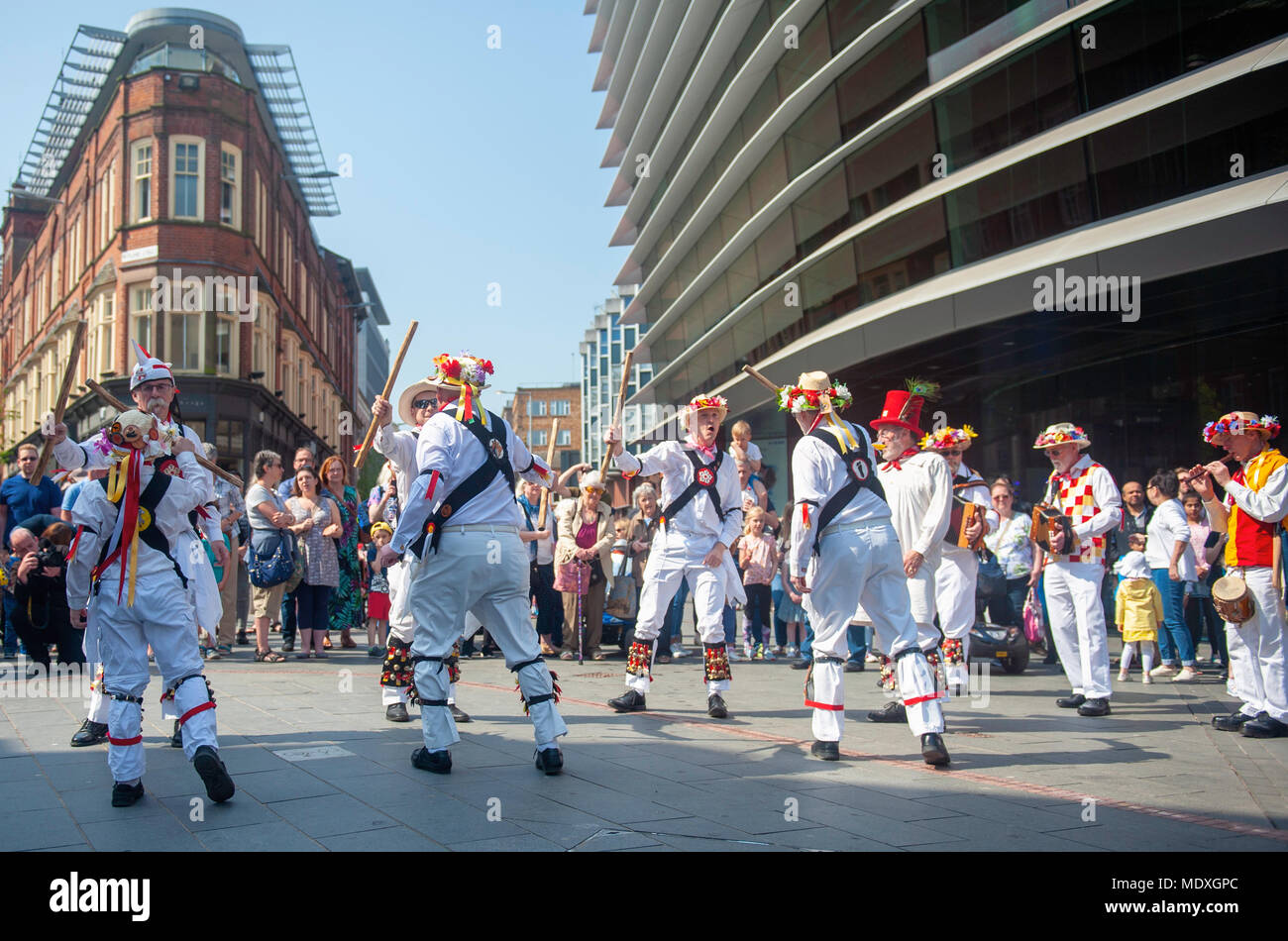 Morris dancing and festivities at the St. George's Day celebrations in Orton Square in Leicester city's Cultural Quarter. Stock Photo