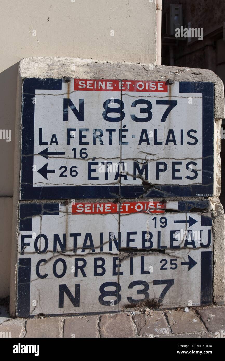 France, Ile de France, Essonne, Milly-la-Foret, former road signs, city signs, Copyright notice: CRT PIdF Stock Photo