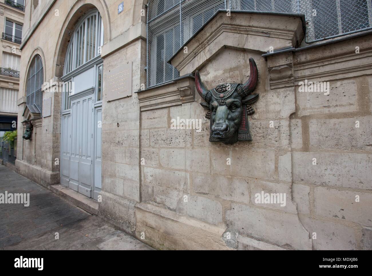 Paris, 4th arrondissement, le Marais, rue des Hospitalieres Saint Gervais, bull heads, nursery school, Stock Photo