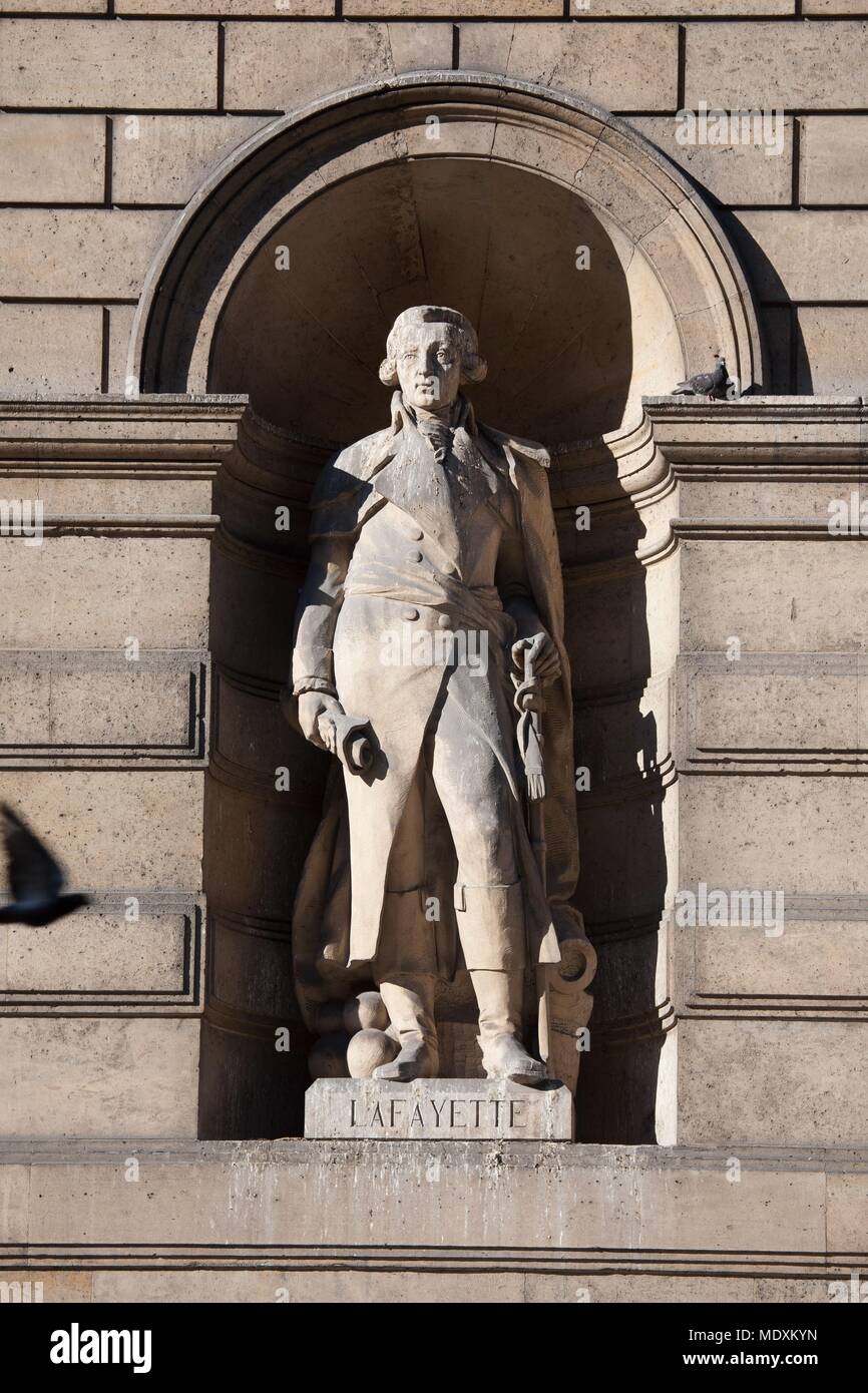 Paris, Rue de Rivoli, Musée du Louvre, facade Rivoli, statue of the Marshals of the French Empire, statue of Général La Fayette, Stock Photo