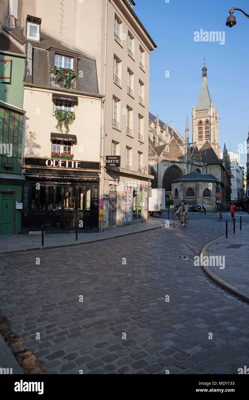 Paris, rue galande, angle of the rue saint julien le pauvre, disturbed facades, church saint severin, Stock Photo