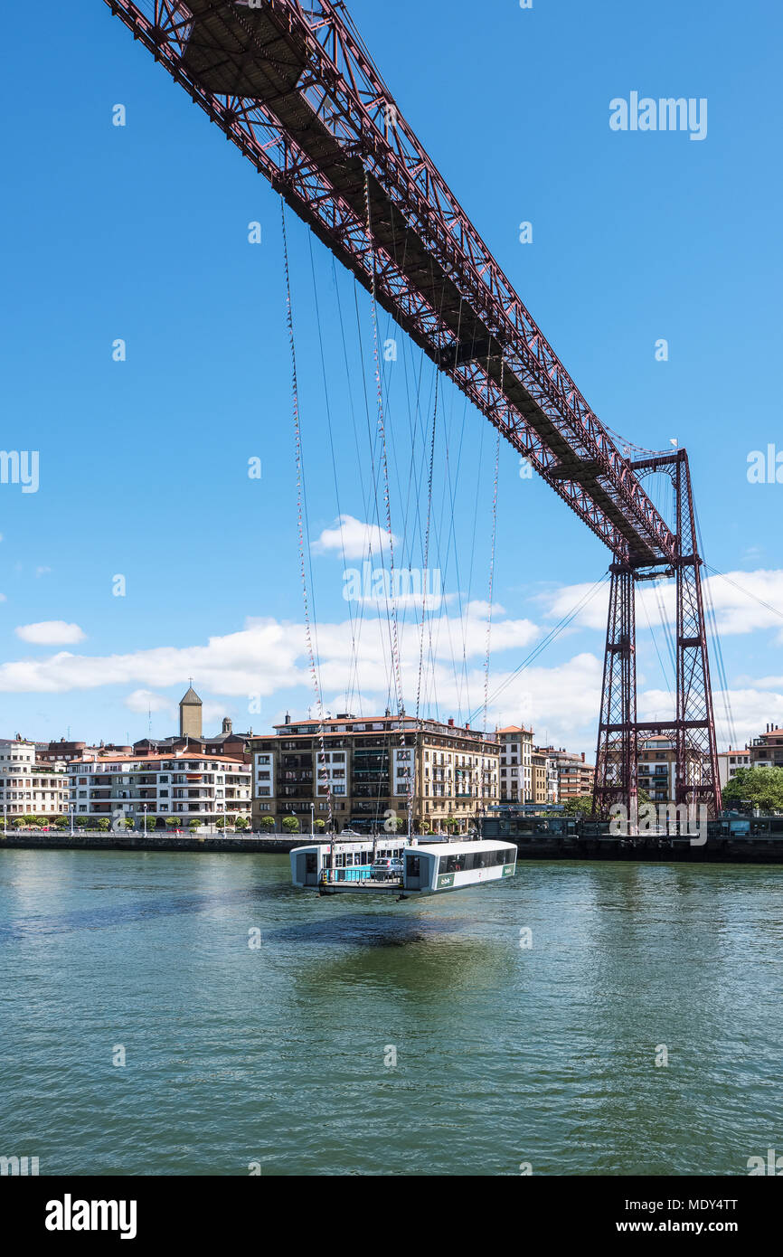Vizcaya Bridge, the first mechanical transporter bridge in the world, viewed from Portugalete side; Portugalete, Vizcaya, Pais Vasco, Spain Stock Photo