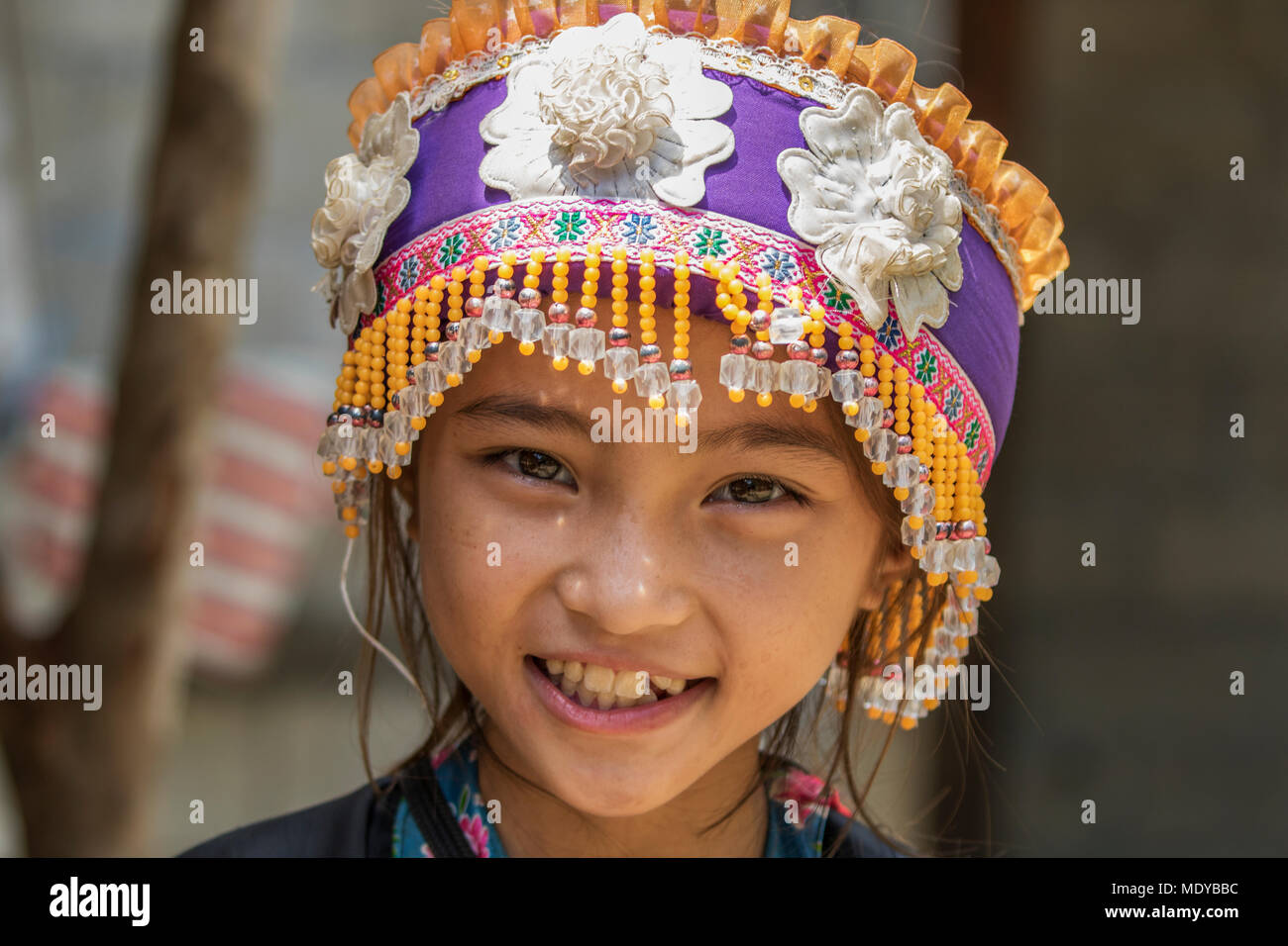 Hmong girl in tribal dress, Na Aouan Village; Luang Prabang, Laos Stock Photo