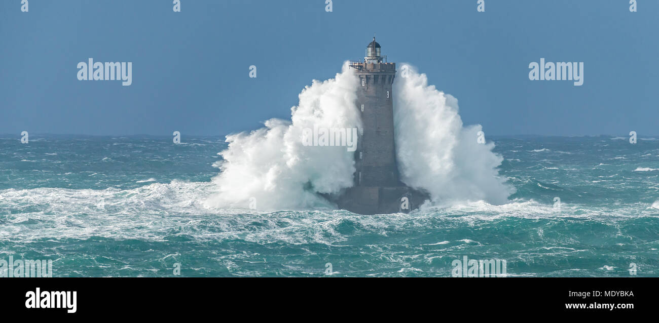 Huge Wave at Phare du Four Stock Photo