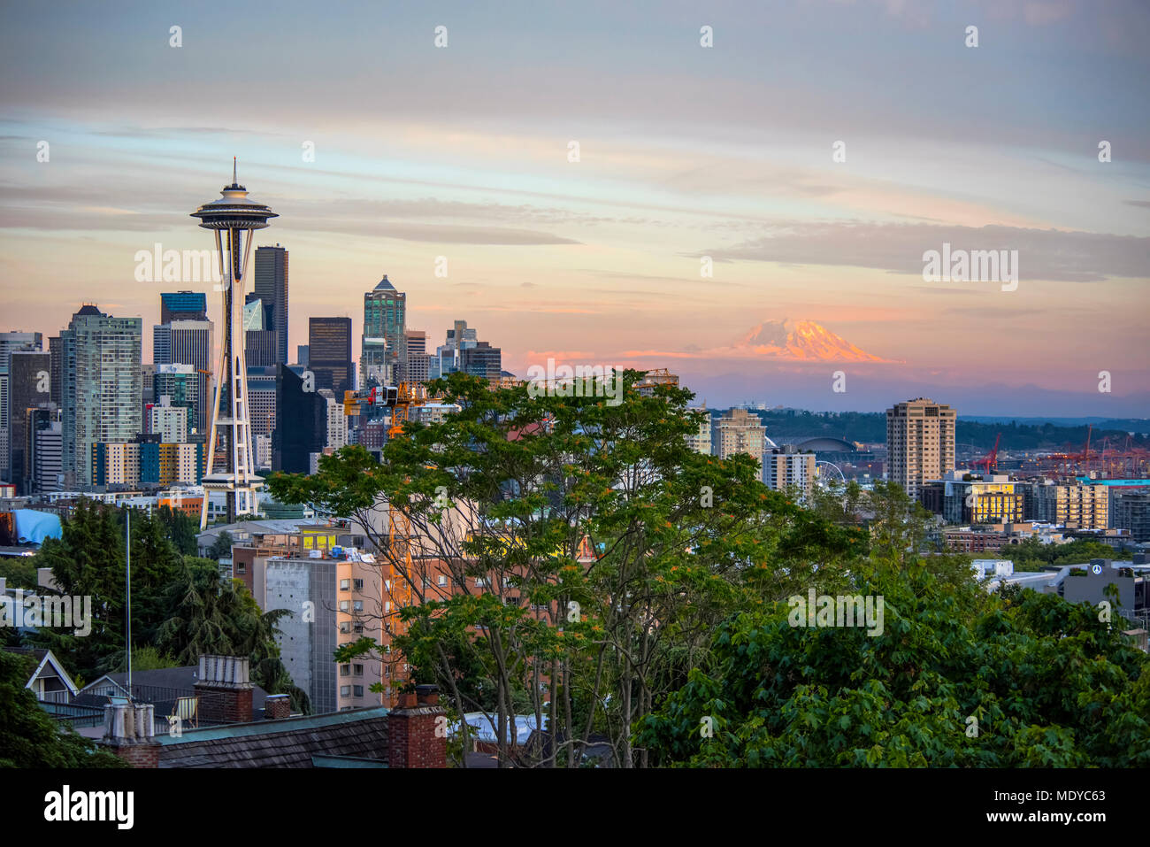 Seattle and Mount Rainier in late Summer Alpenglow; Seattle, Washington ...
