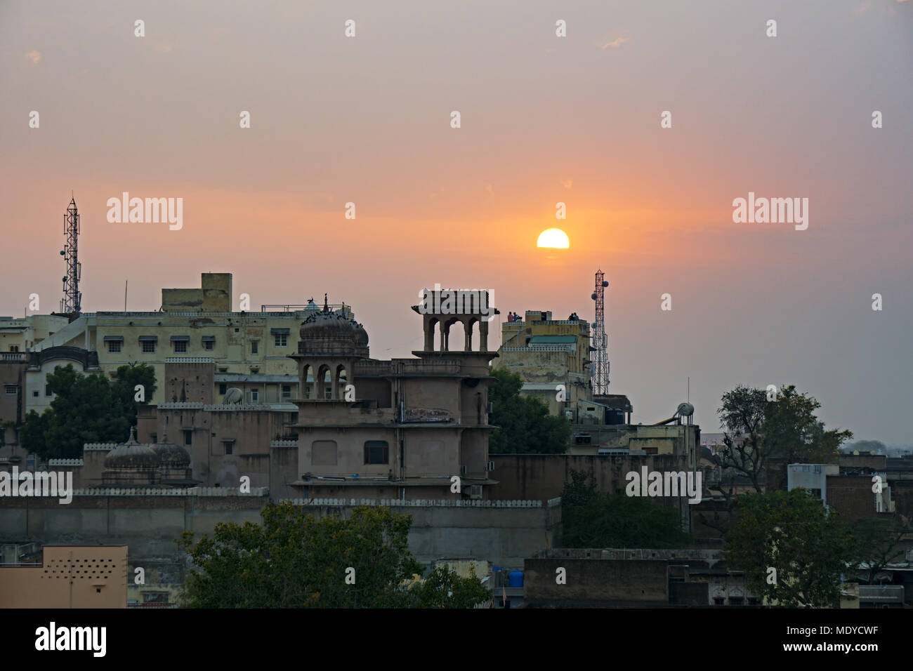 Sunset over Mandawa town in Shekhawati province, Jhunjhunu District, Rajasthan, India. Stock Photo