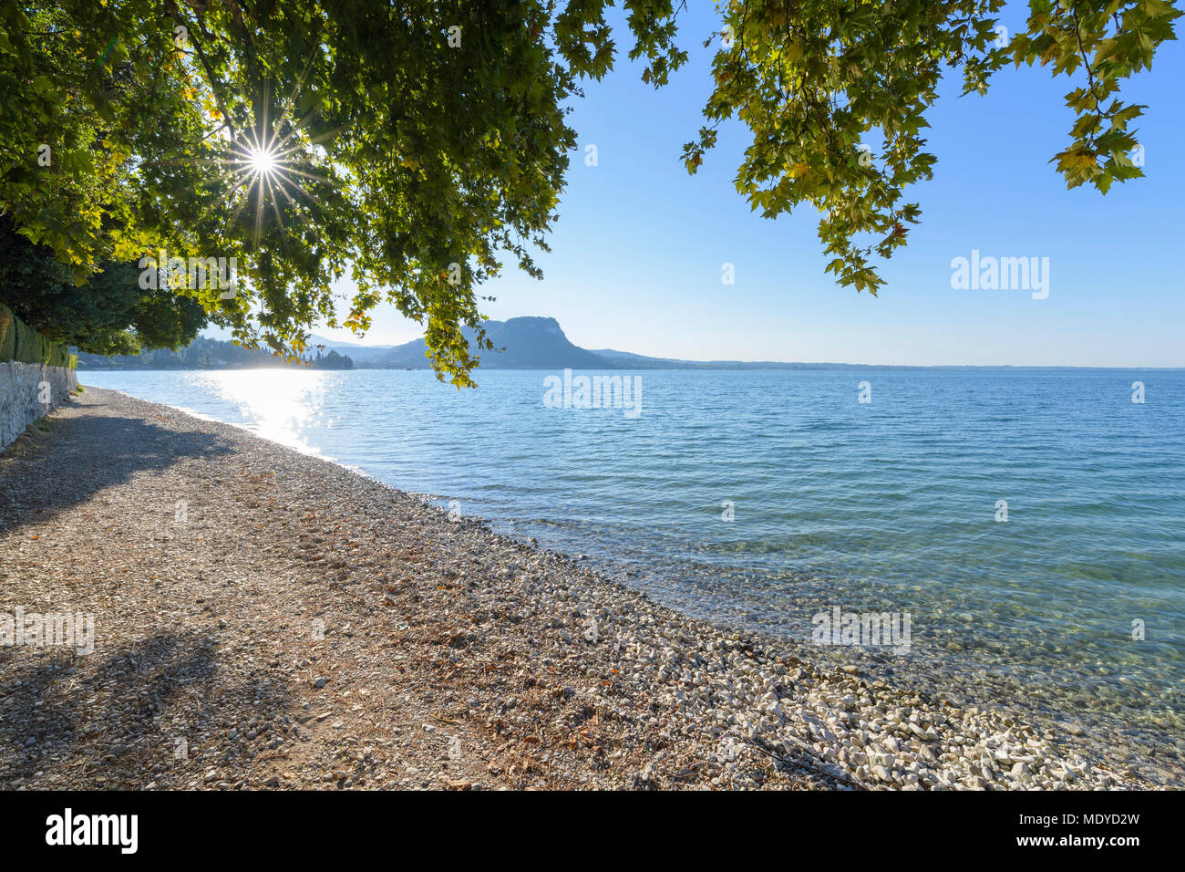 Beach with sun shining through tree branches at Lake Gardo (Lago di Garda) in summer at Garda in Veneto, Italy Stock Photo