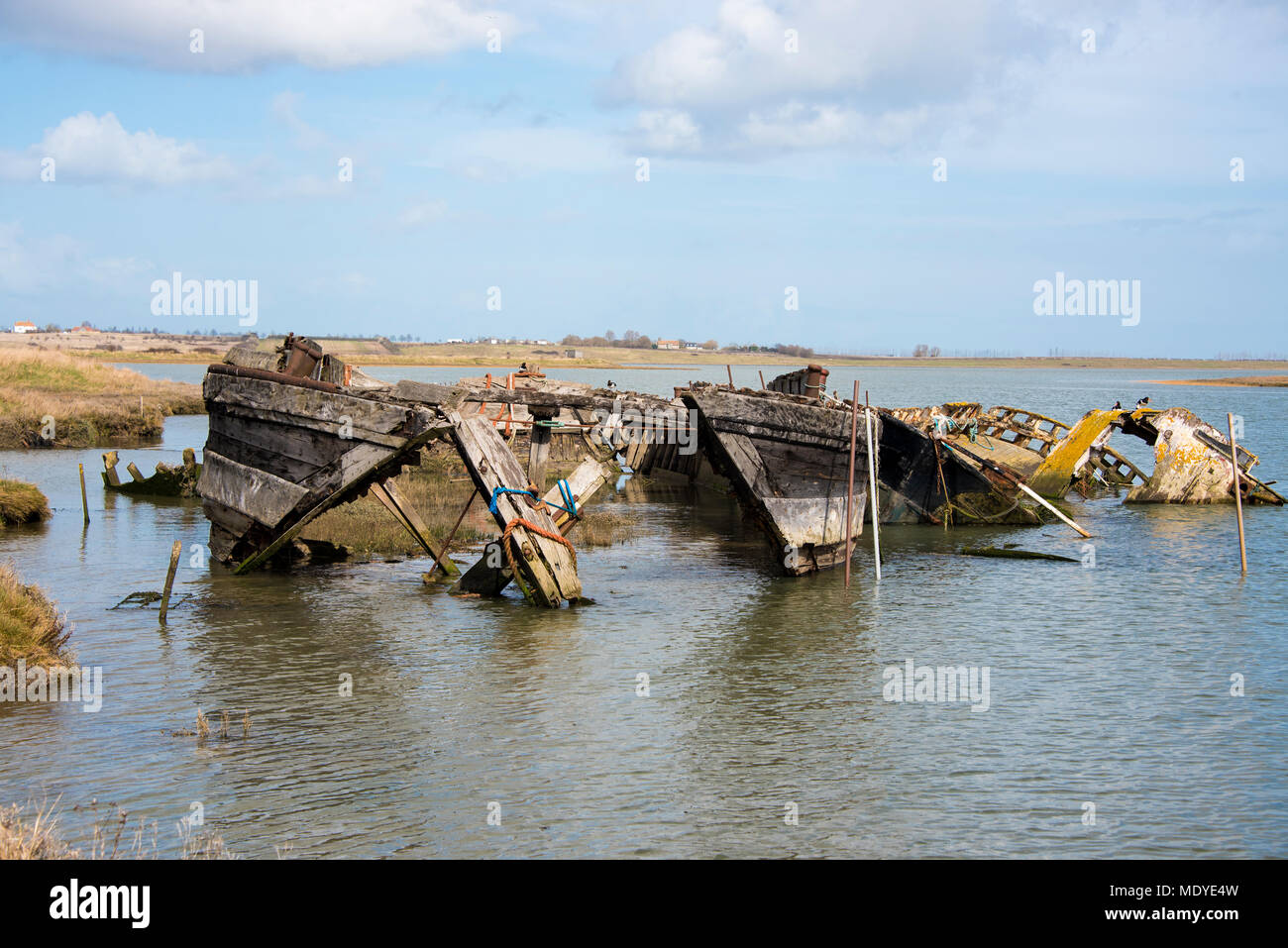 Old Sunken Barge slowly rotting away close to the shore in shallow water. Stock Photo