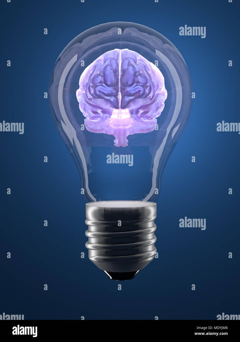 3D render of translucent human brain inside lightbulb - conceptual shot Stock Photo