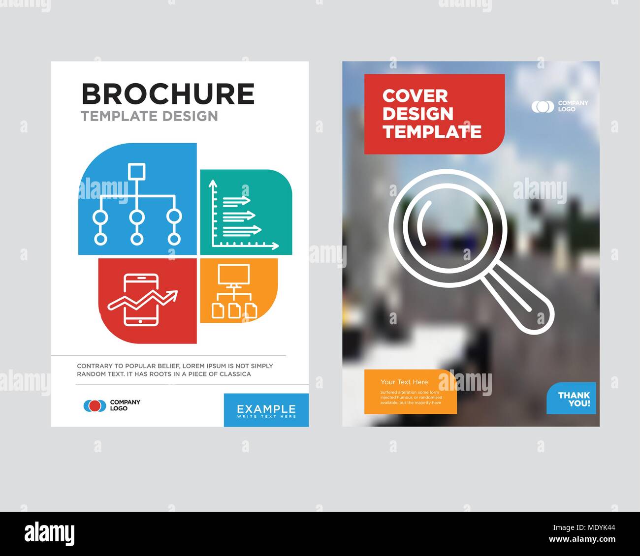 Magnifier tool brochure flyer design template with abstract photo background, Data flow, Analytics, Web stocks data, Flow chart interface minimalist t Stock Vector