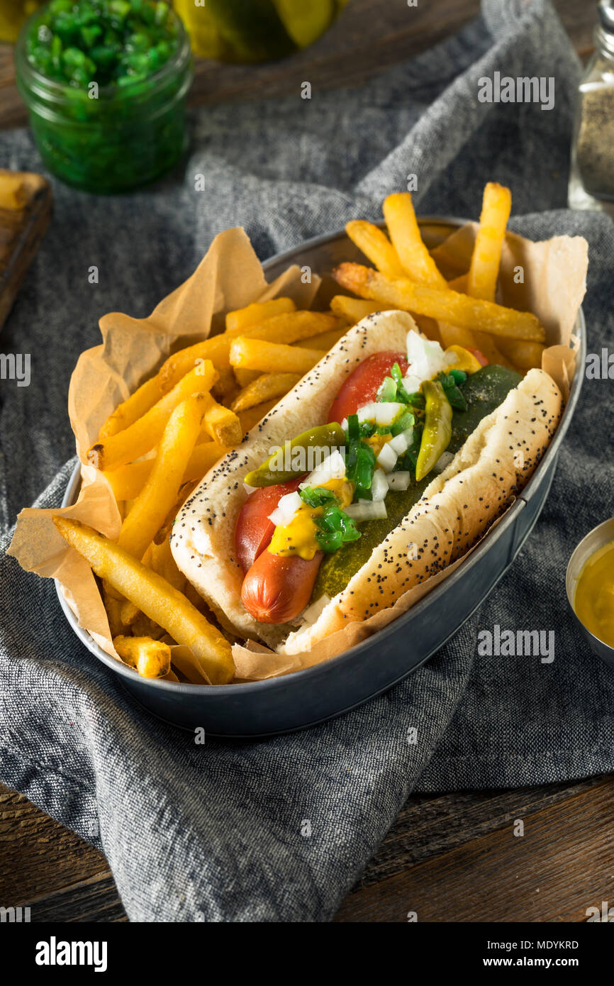Homemade Chicago Style Hot Dog with Mustard Pickles Relish Tomato and