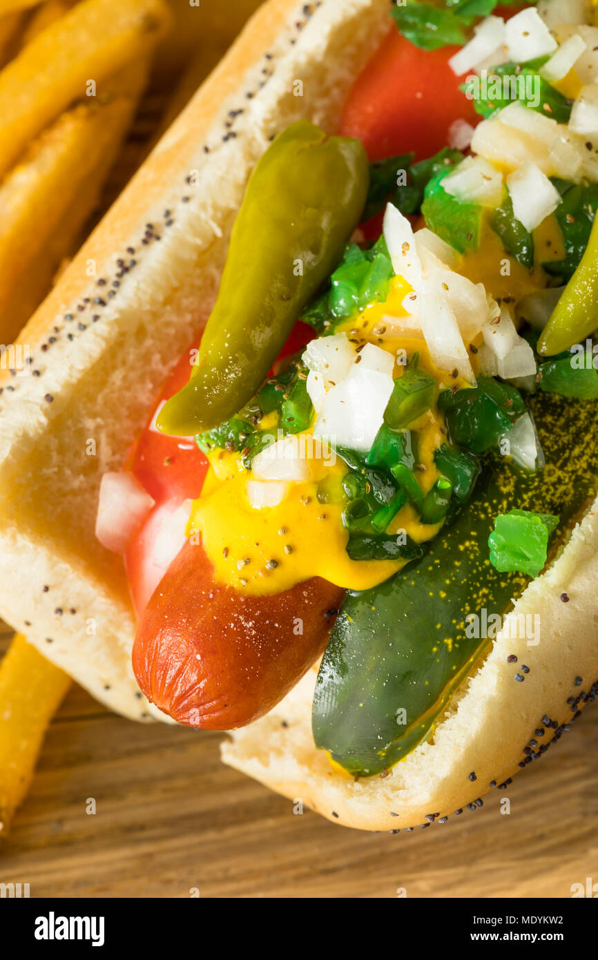 Homemade Chicago Style Hot Dog with Mustard Pickles Relish Tomato and Peppers Stock Photo