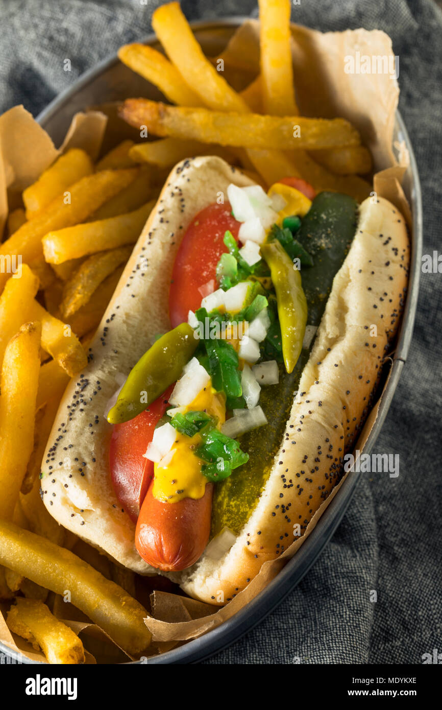 Homemade Chicago Style Hot Dog with Mustard Pickles Relish Tomato and