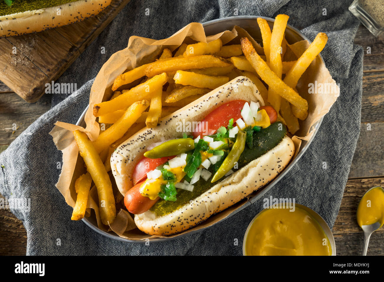 Homemade Chicago Style Hot Dog with Mustard Pickles Relish Tomato and