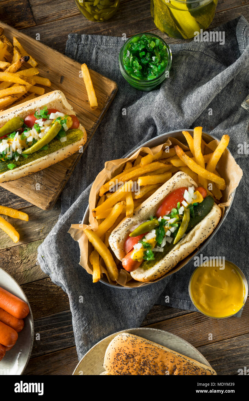 Homemade Chicago Style Hot Dog with Mustard Pickles Relish Tomato and Peppers Stock Photo