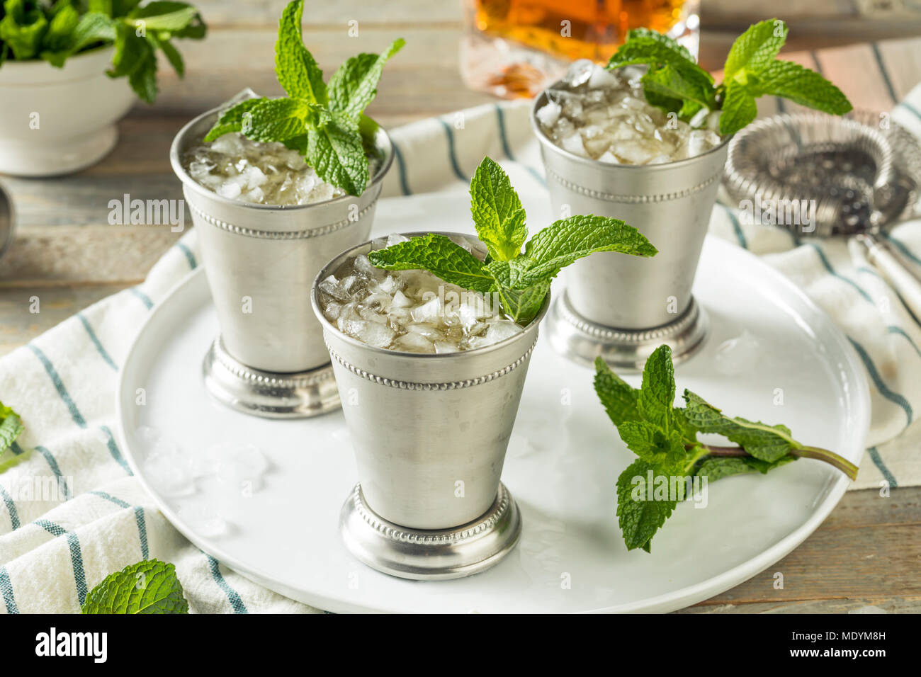 Homemade Kentucky Mint Julep with Sugar and Bourbon Stock Photo