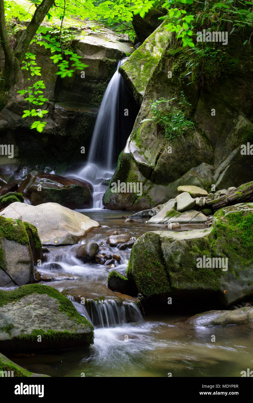 Small Waterfall Between Rocks small waterfall among the rocks. beautiful in ancient woods Stock Photo ...