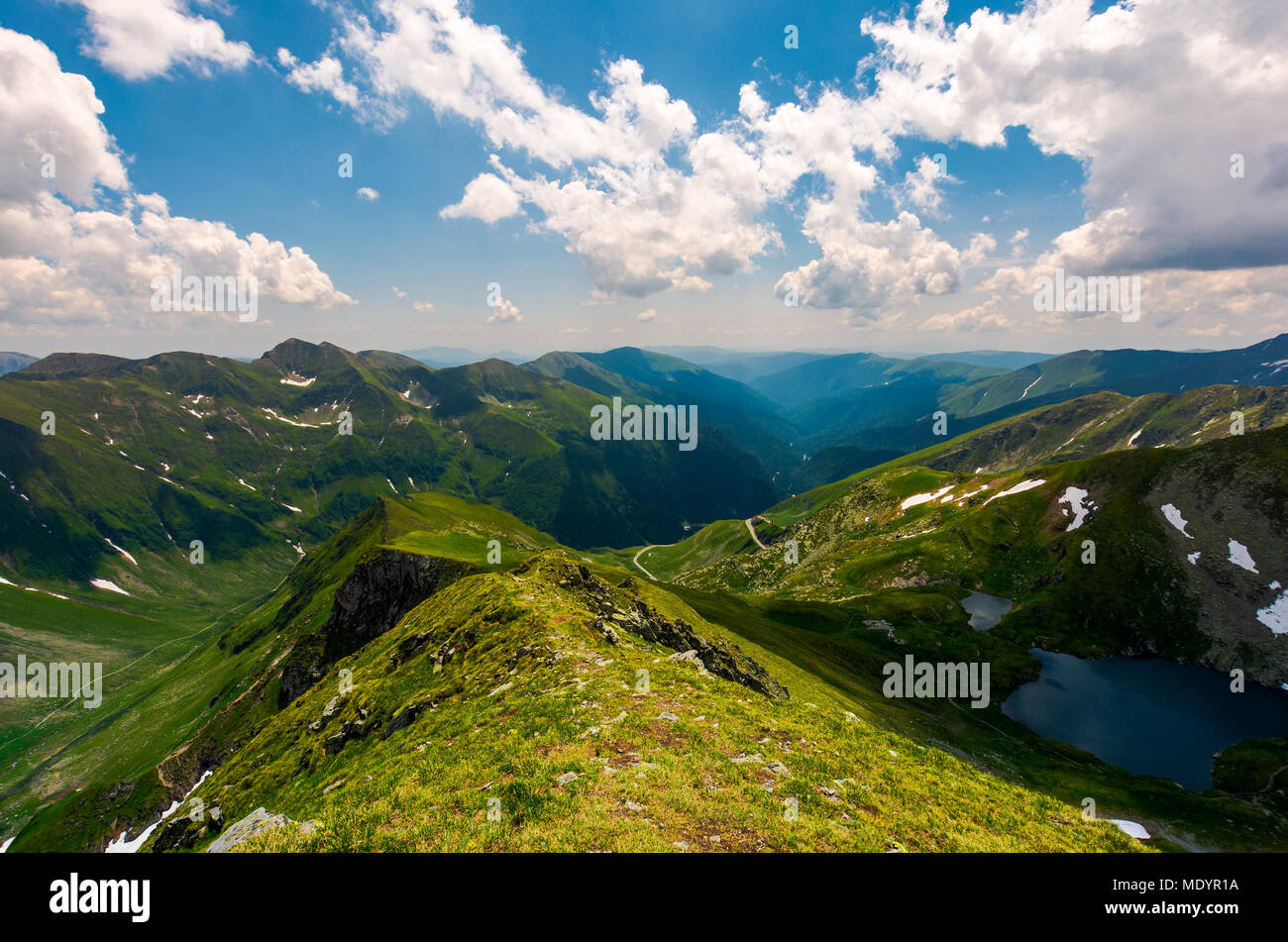 view from Saua Vaiuga in to the Valley of Fagaras. beautiful summer landscape of Southern Carpathian mountains, Romania Stock Photo