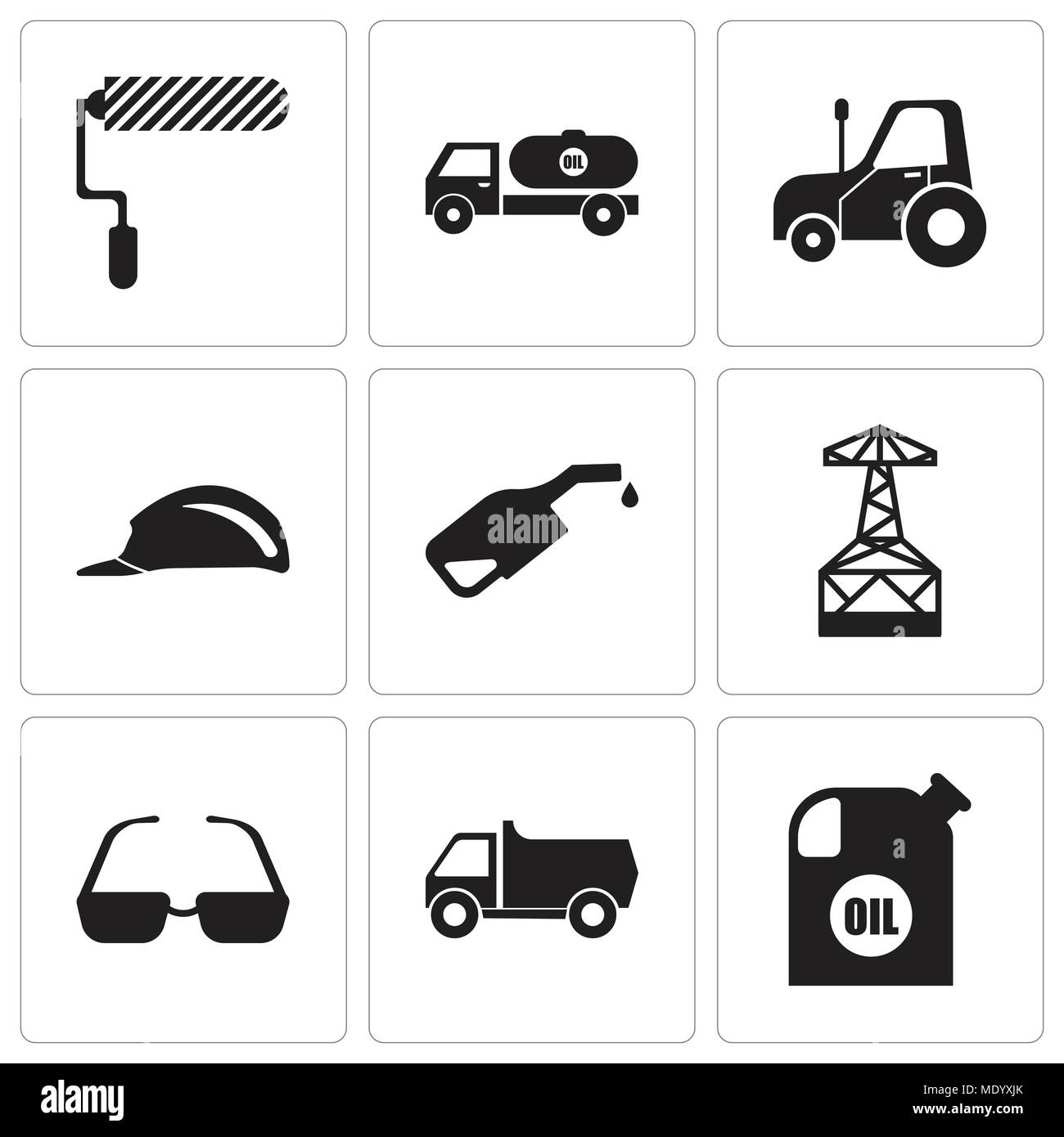Set Of 9 simple editable icons such as oil container, truck, sunglasses, oil derrick, pump, header, autotruck, tipper, roller, can be used for mobile, Stock Vector