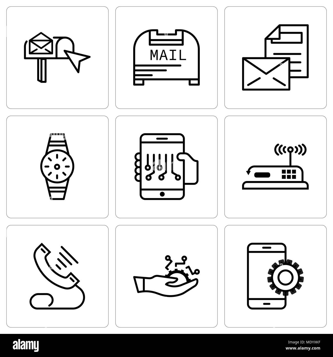 Set Of 9 simple editable icons such as Setup, Development, Telephone, Router, Smartphone, Smartwatch, Mail, Mail box, email box, can be used for mobil Stock Vector