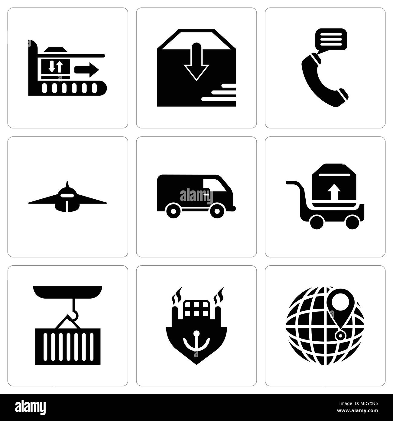 Set Of 9 simple editable icons such as International delivery, Ocean transportation, Container hanging of a crane, Package transportation on a trolley Stock Vector