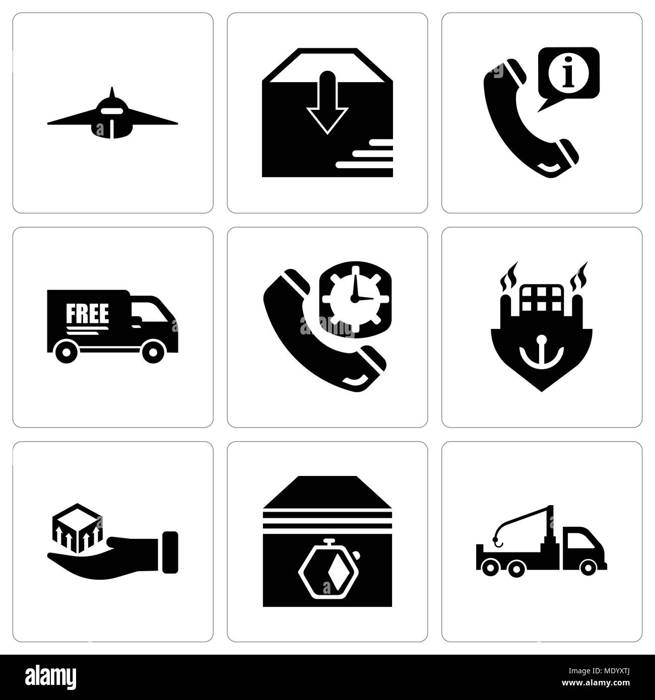 Set Of 9 simple editable icons such as Crane truck, Up arrows couple, Package delivery in hand, Ocean transportation, Phone auricular and clock delive Stock Vector