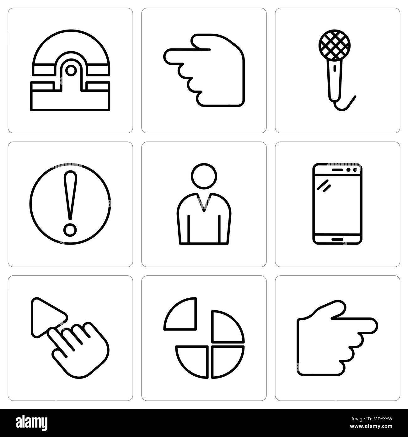 Set Of 9 simple editable icons such as Hand pointing to right, Pie chart, Selection Tool, Tablet, Male avatar, Caution, Voice recorder, Hourglass, Old Stock Vector