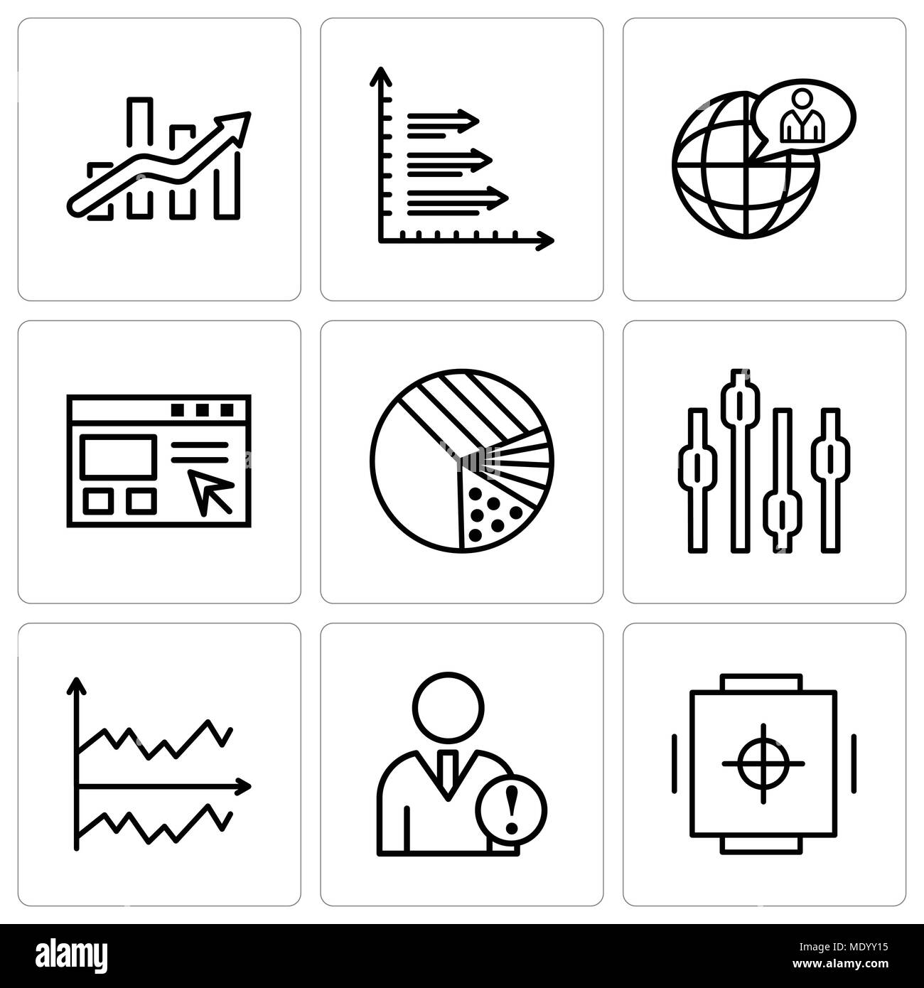 Set Of 9 simple editable icons such as Safe box, Data analytics, Chart, Box plot chart, Pie graphic with four areas, Data import interface, Global use Stock Vector