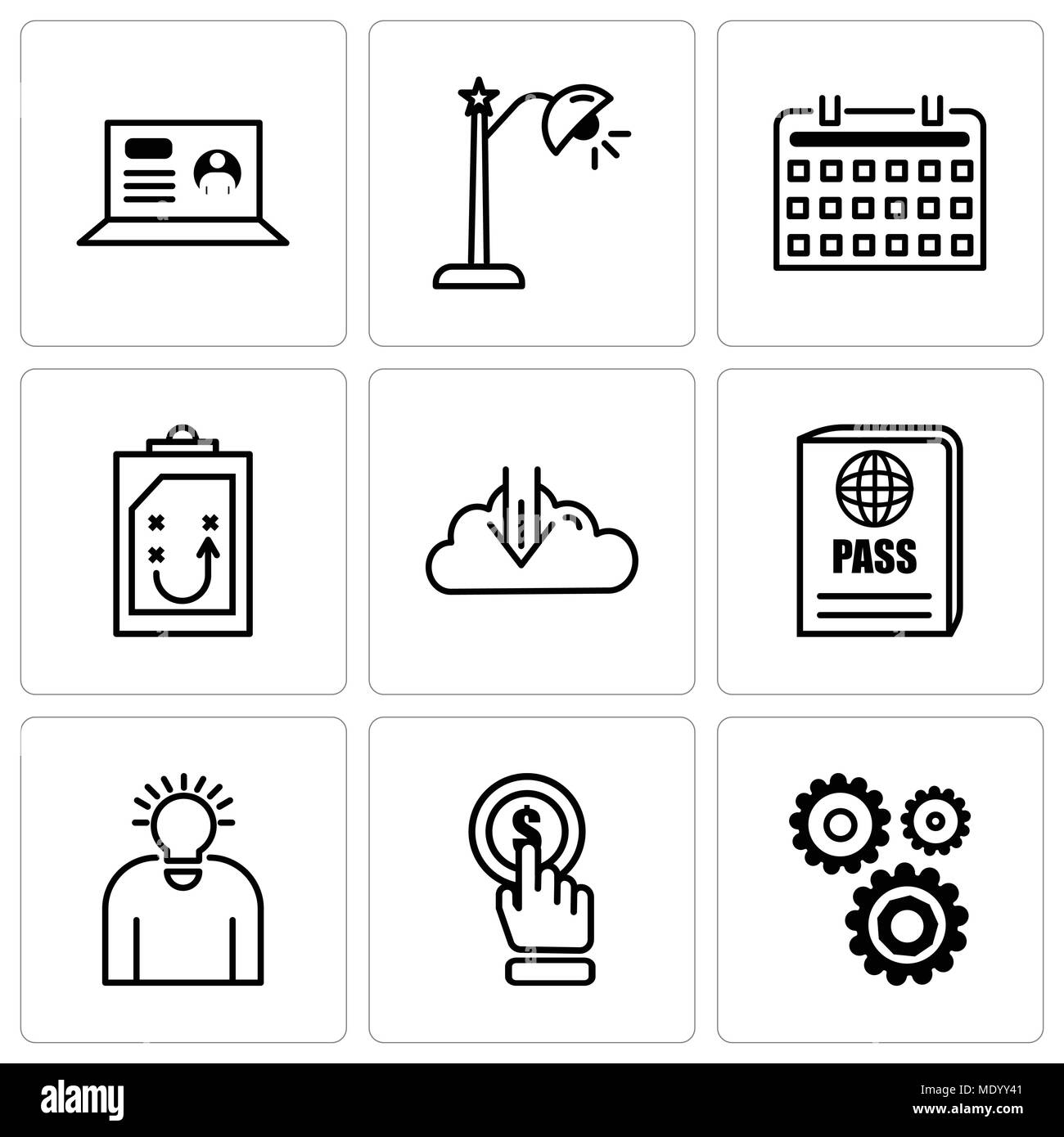 Set Of 9 simple editable icons such as settings, click, idea, passport, download, Document, keyboard, lightbulb, laptop, can be used for mobile, web U Stock Vector