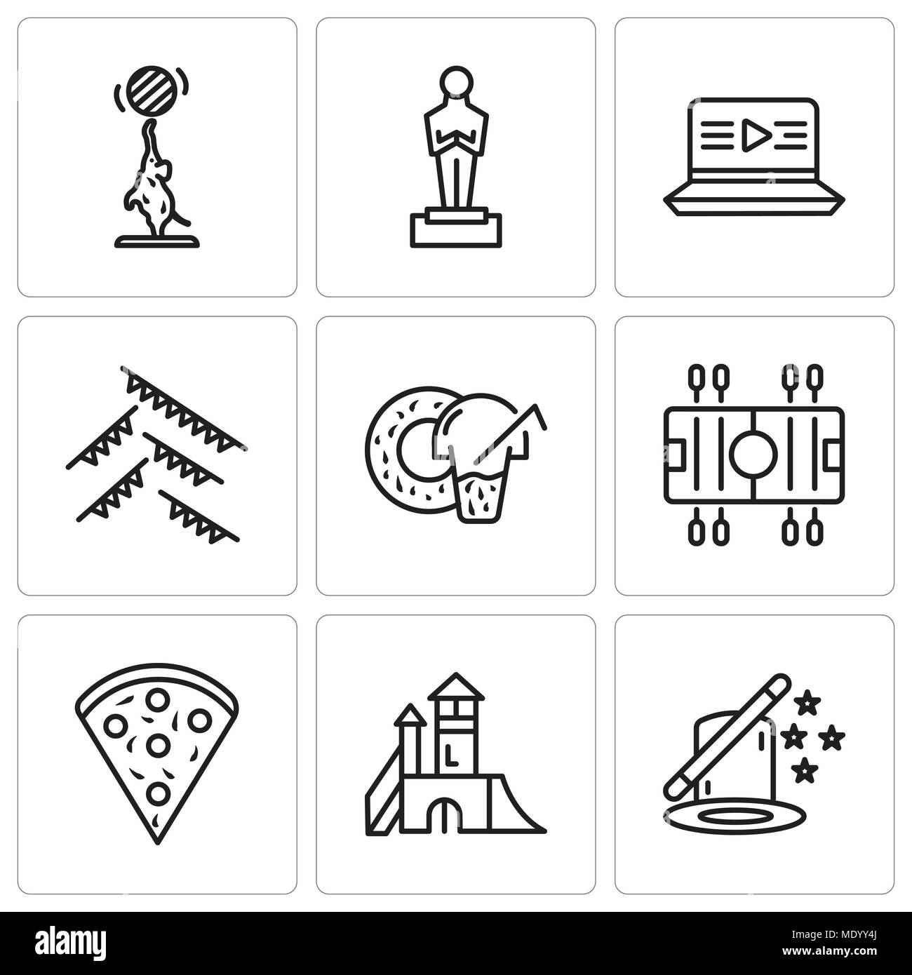 Set Of 9 simple editable icons such as Magic, Playground, Confetti, Soccer, Donut, Garland, Movie, Oscar, Elephant, can be used for mobile, web UI Stock Vector