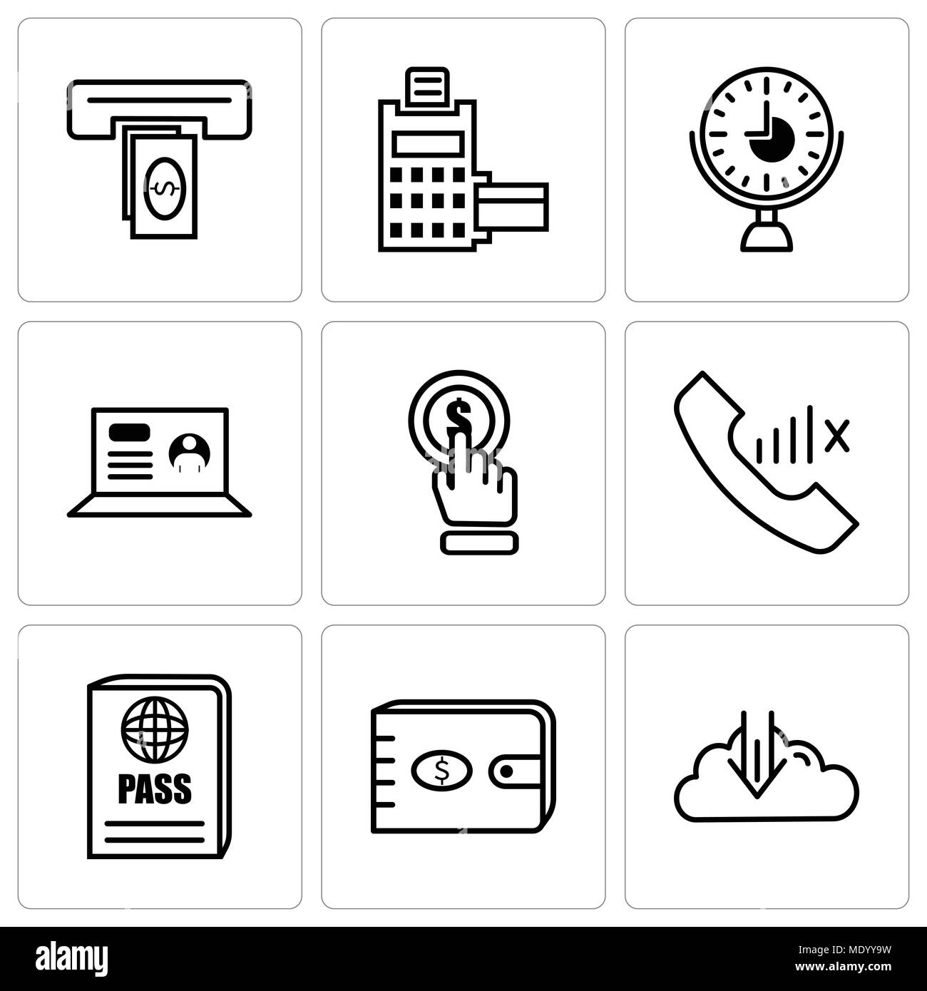 Set Of 9 simple editable icons such as rocket, purse, passport, slow network, click, laptop, clock, pos terminal, cash, can be used for mobile, web UI Stock Vector