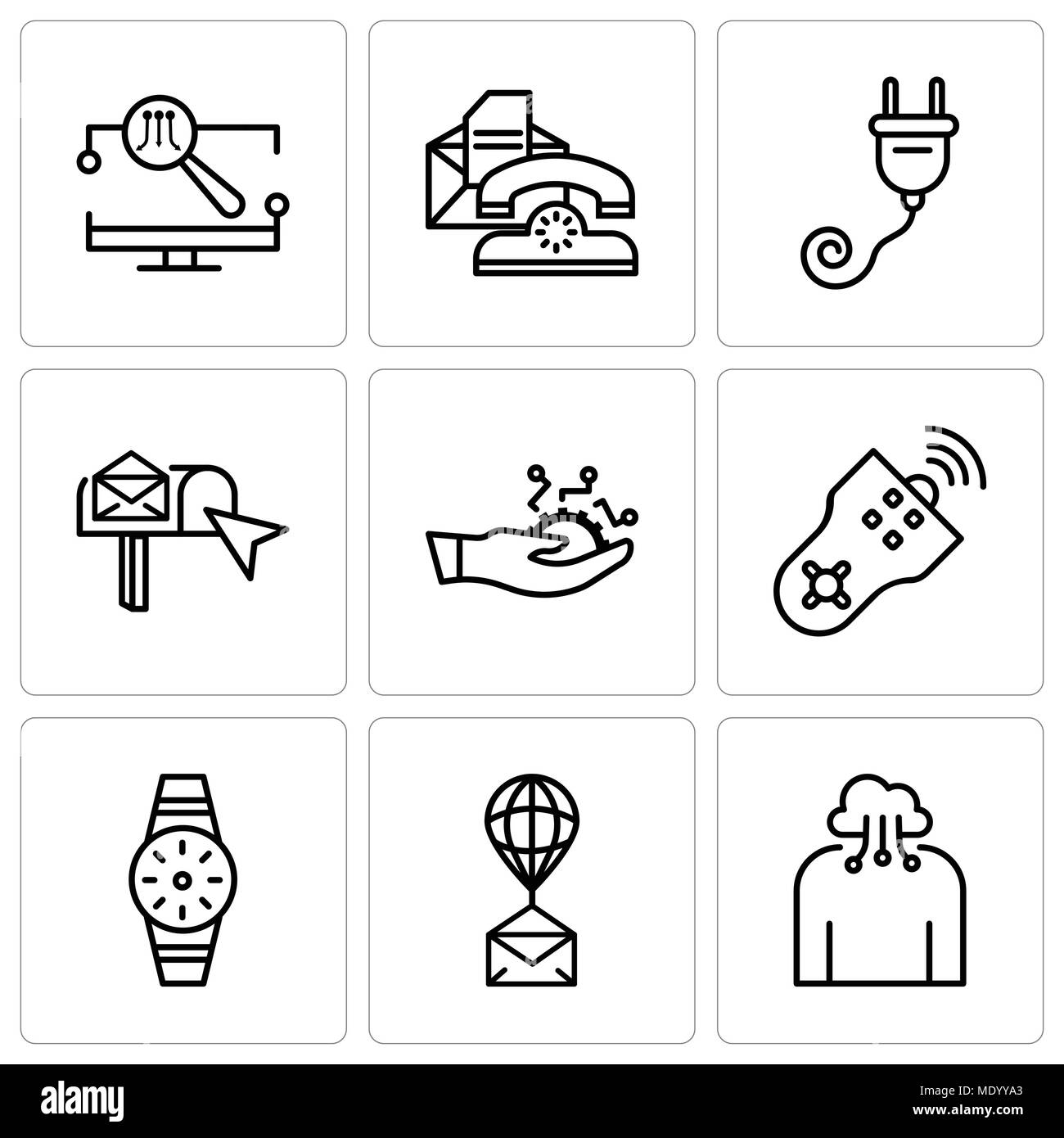 Set Of 9 simple editable icons such as Cloud computing, Air balloon, Smartwatch, Remote control, Development, email box, Plug, Telephone, Monitor, can Stock Vector